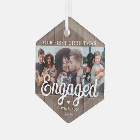 3 Foto met kerstcadeau Rustic Faux Wood Glas Ornament (Voorkant links)