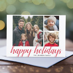 3 Foto met kerstscript Red Damask Happy Feestdagenkaart<br><div class="desc">Gebruik drie vierkante foto's en maak een unieke en trendy Merry kerstgroet met een elegant patroon op de rug. De groet wordt getoond in een moderne, stuitende kalligrafie die kan worden veranderd om uw favoriete gezegde te ontmoeten. Als u om het even wat rond moet bewegen, klik op de aanpassingsknoop...</div>