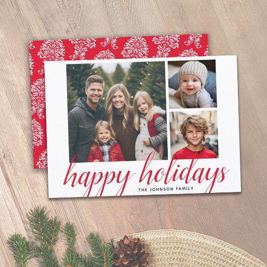 3 Foto met kerstscript Red Damask Happy Feestdagenkaart