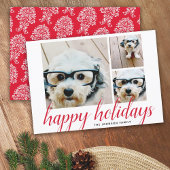 3 Foto met kerstscript Red Damask Happy Feestdagenkaart