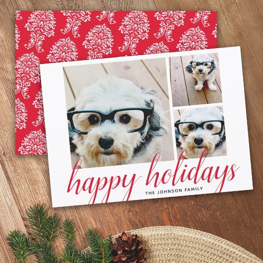 3 Foto met kerstscript Red Damask Happy Feestdagenkaart