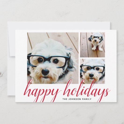 3 Foto met kerstscript Red Damask Happy Feestdagenkaart (Voorkant)