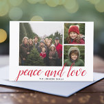 3 Foto met kerstscript Red Damask Peace Love Feestdagenkaart<br><div class="desc">Gebruik drie vierkante foto's en maak een unieke en trendy Merry kerstgroet met een elegant patroon op de rug. De groet wordt getoond in een moderne, stuitende kalligrafie die kan worden veranderd om uw favoriete gezegde te ontmoeten. Als u om het even wat rond moet bewegen, klik op de aanpassingsknoop...</div>