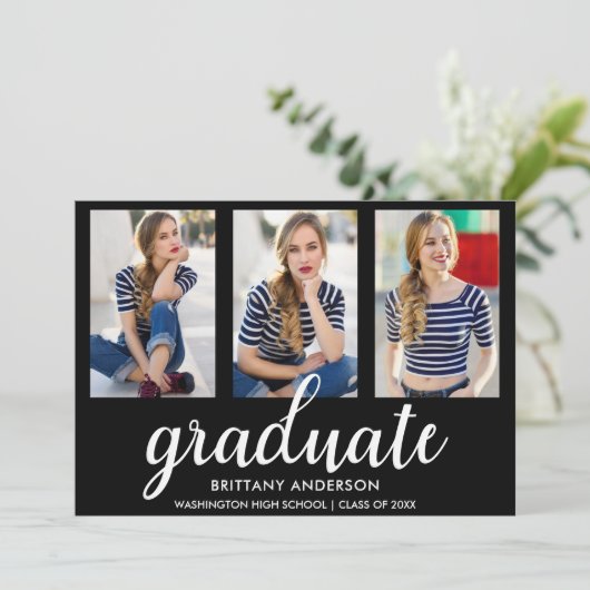 3 Foto Modern Afstuderen kondiging Kaart BW (Staand voorkant)