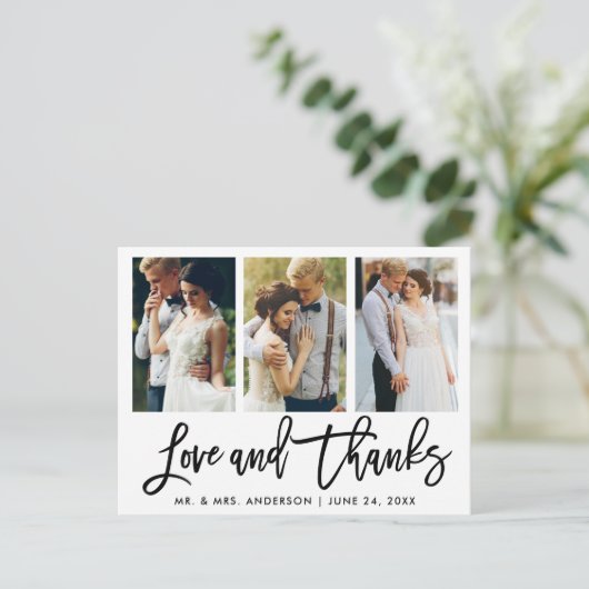 3 Foto Modern Brush Script Bruiloft Liefde Bedankt Briefkaart (Staand voorkant)