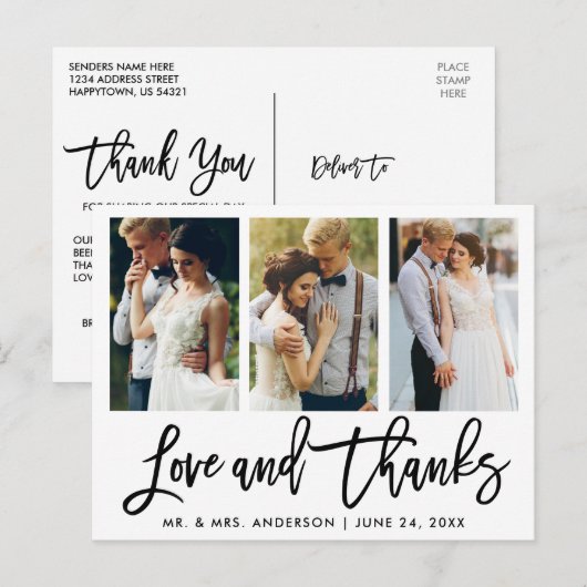 3 Foto Modern Brush Script Bruiloft Liefde Bedankt Briefkaart (Voorkant / Achterkant)