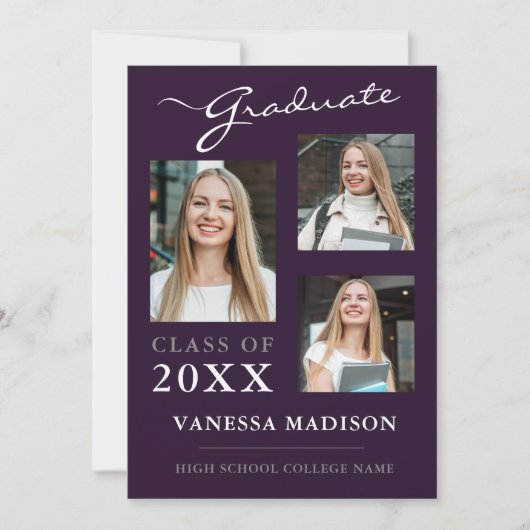 3 foto Modern Elegant Paars Afstuderen Aankondiging (Voorkant)