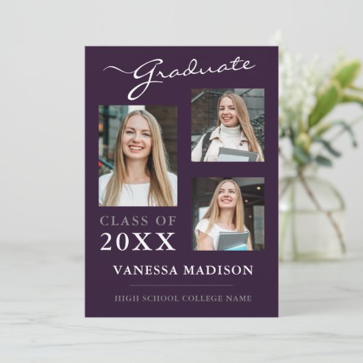 3 foto Modern Elegant Paars Afstuderen Aankondiging (Staand voorkant)
