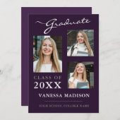 3 foto Modern Elegant Paars Afstuderen Aankondiging (Voorkant / Achterkant)