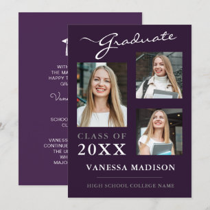 3 foto Modern Elegant Paars Afstuderen Aankondiging
