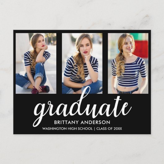 3 Foto Modern Gold Graduation Party Invitation BW Uitnodiging Briefkaart (Voorkant)