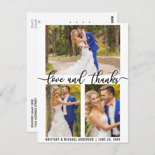 3 Foto Modern Huwelijksliefde en Bedankt Script Briefkaart (Voorkant / Achterkant)