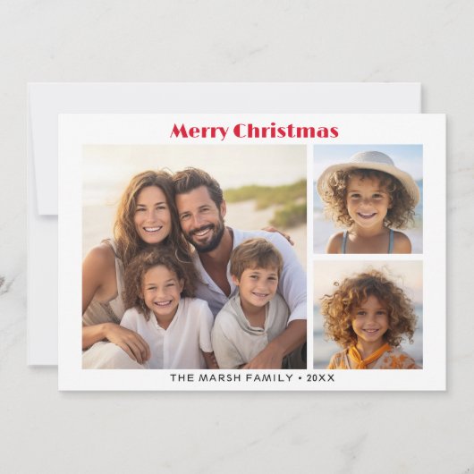 3 Foto Modern Minimaal Script Botanisch - Rood Feestdagenkaart (Voorkant)