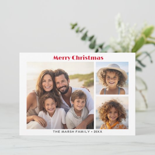 3 Foto Modern Minimaal Script Botanisch - Rood Feestdagenkaart (Staand voorkant)