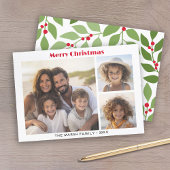 3 Foto Modern Minimaal Script Botanisch - Rood Feestdagenkaart