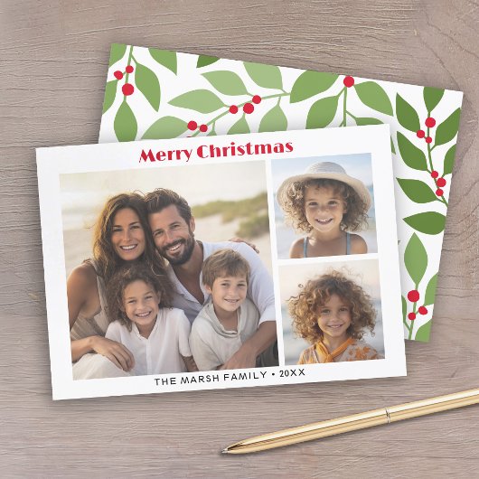 3 Foto Modern Minimaal Script Botanisch - Rood Feestdagenkaart