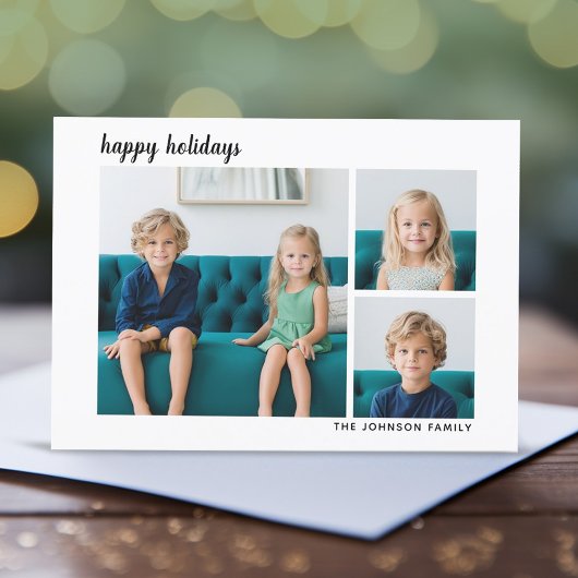 3 Foto Modern Minimal Script geruit - Zwart Feestdagenkaart