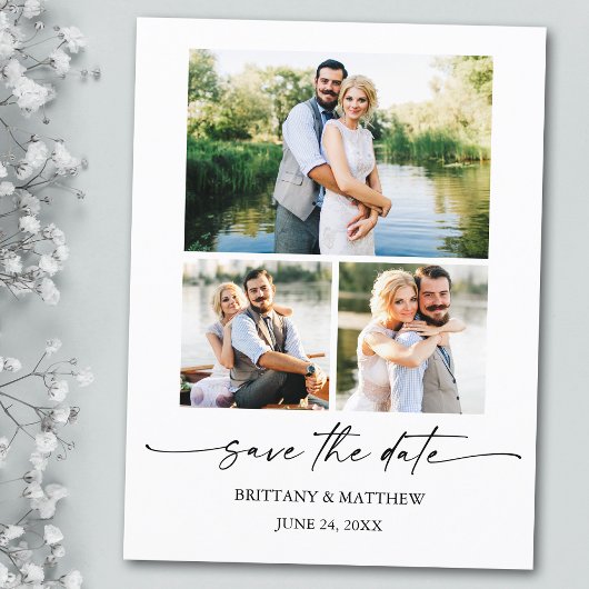 3 Foto Modern Minimalist Ink Script Save the Date Briefkaart