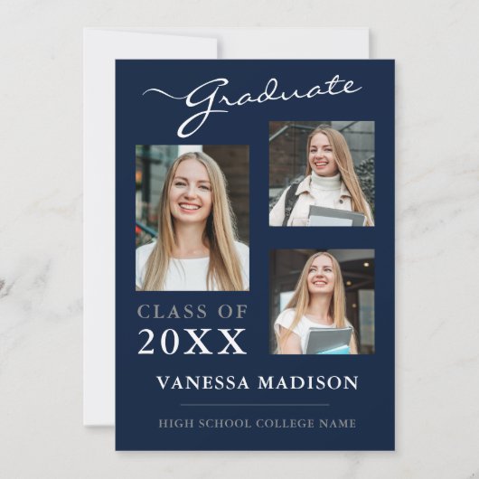3 foto Modern Navy Blue Afstuderen Aankondiging (Voorkant)