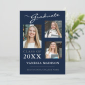 3 foto Modern Navy Blue Afstuderen Aankondiging (Staand voorkant)