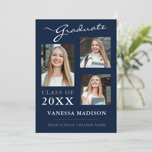 3 foto Modern Navy Blue Afstuderen Aankondiging (Staand voorkant)