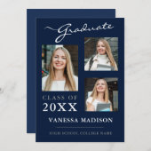 3 foto Modern Navy Blue Afstuderen Aankondiging (Voorkant / Achterkant)
