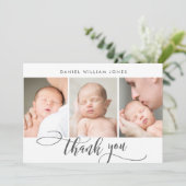 3 foto modern script pasgeboren Baby dank u Bedankkaart (Staand voorkant)