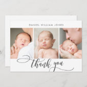 3 foto modern script pasgeboren Baby dank u Bedankkaart (Voorkant / Achterkant)