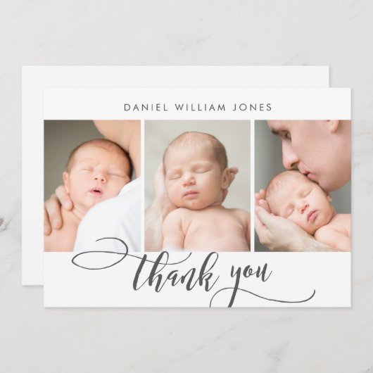 3 foto modern script pasgeboren Baby dank u Bedankkaart (Voorkant / Achterkant)
