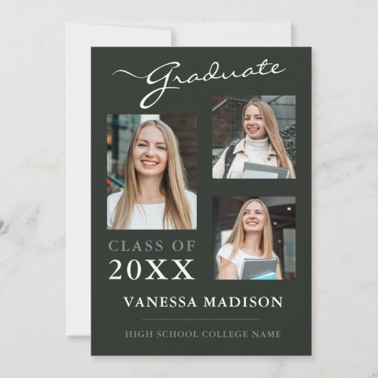 3 foto Modern Script Sage Green Afstuderen Aankondiging (Voorkant)