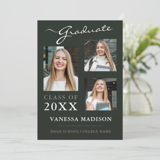 3 foto Modern Script Sage Green Afstuderen Aankondiging (Staand voorkant)