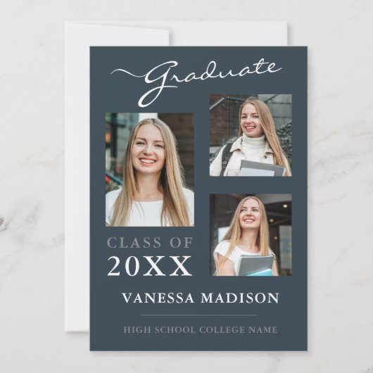 3 foto Modern Script Stof Blauw Afstuderen Aankondiging (Voorkant)