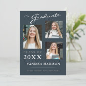 3 foto Modern Script Stof Blauw Afstuderen Aankondiging (Staand voorkant)