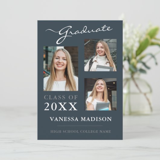 3 foto Modern Script Stof Blauw Afstuderen Aankondiging (Staand voorkant)