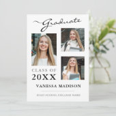 3 Foto modern script wit legant Afstuderen Aankondiging (Staand voorkant)