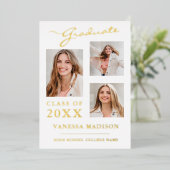 3 Foto Modern Script Witgouden Afstudeeruitnodigin Folie Uitnodiging (Staand Voorkant)