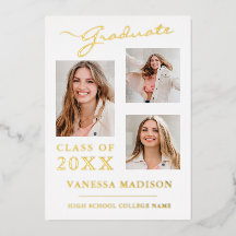 3 Foto Modern Script Witte Goud Afstudeer Uitnodig