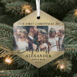 3 Foto: Mr & Mrs. 1st Kerstmis Faux Gold Foil Glas Ornament<br><div class="desc">Viel een vrolijke 1e vakantie als een getrouwd stel met een aangepast 3 fotocollage "Ons eerste kerstfeest als Mr. en Mw. "zwart en goudhexagonvormig ornament". Alle formuleringen en afbeeldingen op deze sjabloon zijn eenvoudig te personaliseren. (AFBEELDING PLACEMENT TIP: Een gemakkelijke manier om een foto precies te centreren hoe u wilt...</div>