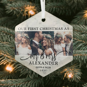 3 Foto: Mr & Mrs. 1st Kerstmis Faux Marble Hexagon Glas Ornament