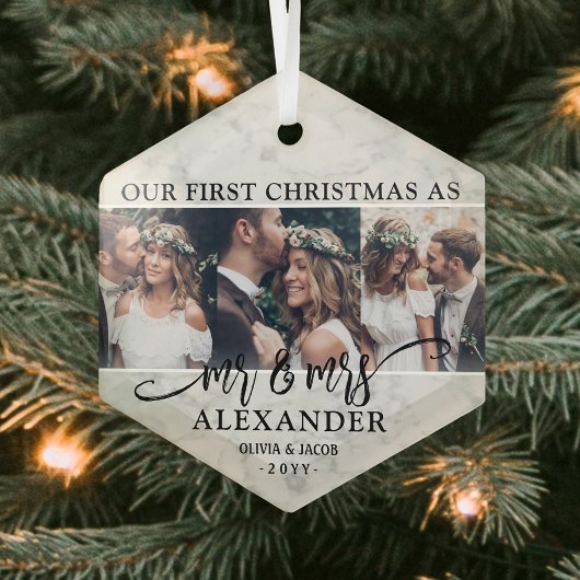 3 Foto: Mr & Mrs. 1st Kerstmis Faux Marble Hexagon Glas Ornament