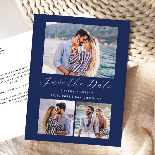 3 Foto Navy Blue Save the Date Briefkaart