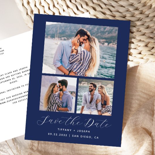 3 Foto Navy Blue Save the Date Briefkaart