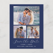 3 Foto Navy Blue Save the Date Briefkaart (Voorkant)