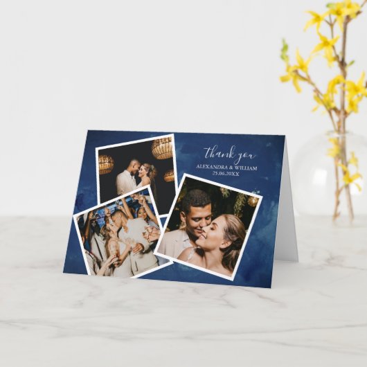 3 Foto Navy Blue Waterverf Wedding Hartelijk dank Kaart (Gele Bloem)