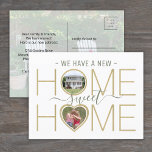 3 Foto New Home Sweet Home Change of Address Aankondigingskaart<br><div class="desc">Deel het vrolijke nieuws van het bewegen naar uw nieuw adres met dit moderne 3 foto witte, gouden en groene aankondigingsbriefkaart. (TIP AFBEELDING PLACEMENT: een gemakkelijke manier om een afbeelding precies te centreren is om het te bebouwen alvorens aan de website van Zazzle te uploaden.) De formulering "We hebben een...</div>