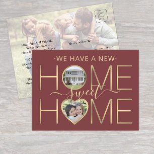 3 Foto New Home Sweet Home Modern Burgundy & Gold Aankondigingskaart