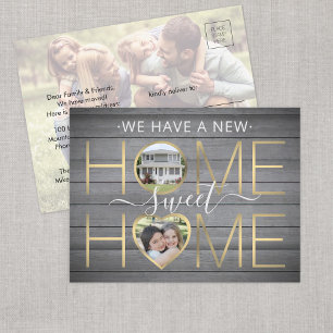 3 Foto New Home Sweet Home Rustige Faux Wood Gold Aankondigingskaart