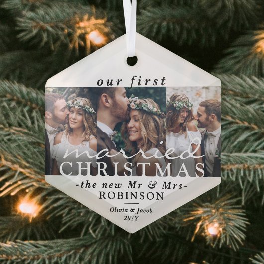 3 Foto Onze eerste gehuwde Kerstman Modern Hexagon Glas Ornament