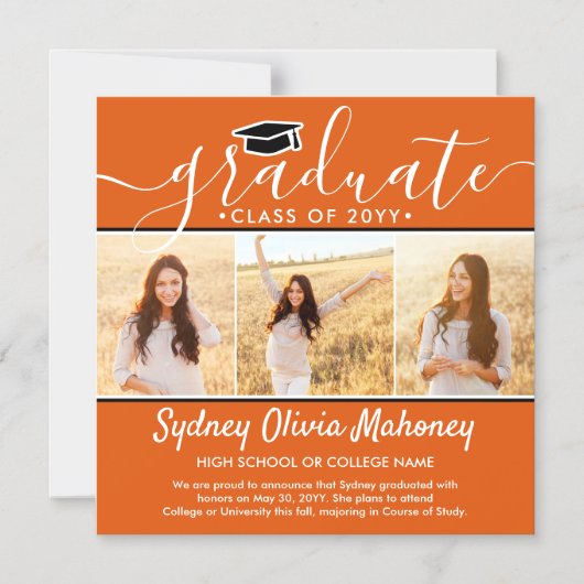 3 Foto Oranje Magnetische Afstuderen Aankondiging (Voorkant)