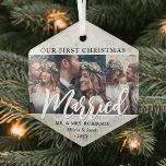 3 Foto Passen getrouwd 1e Kerstmis gehuwd met faux Glas Ornament<br><div class="desc">Viel een vrolijke 1e vakantie als de heer & Mrs. met een aangepast 3 fotocollage "Ons eerste kersthuwelijk" glashexagon ornament. Alle formuleringen en afbeeldingen op deze sjabloon zijn eenvoudig te personaliseren. Als aangewezen, kan de manuscripttypografie "Samen"of "Geëngageerd lezen." (De TIP van het ONTWERP van het AFBEELDING: Een gemakkelijke manier om...</div>